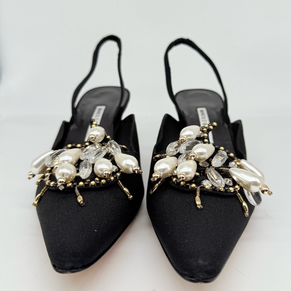 Manolo Blahnik Black Crepe Orientalia 50mm pearl embellished Slingback pump EU41 - Picture 3 of 10